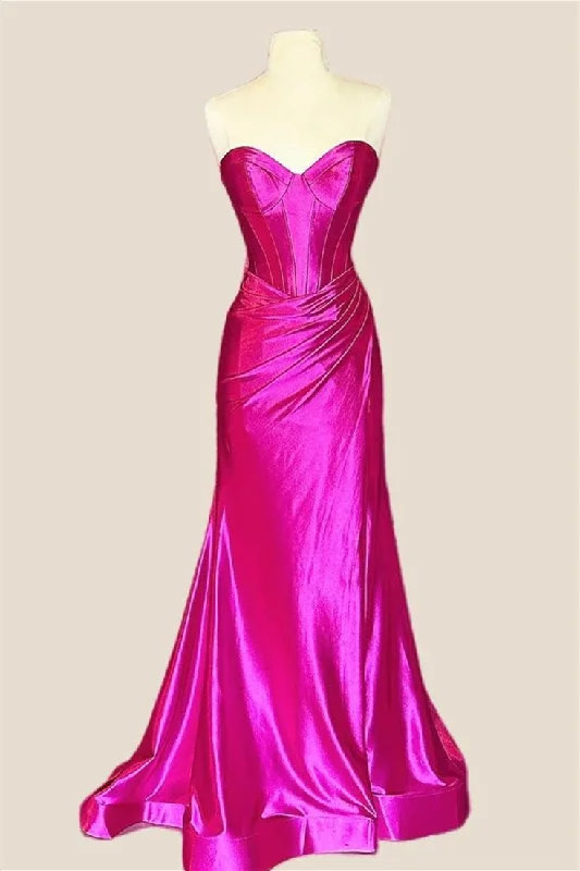 Cheap Club Maxi Dresses-Sweetheart Fuchsia Ruched Long Dress with Slit