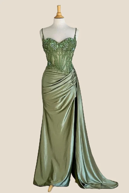 Party Silk Maxi Dresses-Sweetheart Sage Green Appliques Mermaid Long Dress