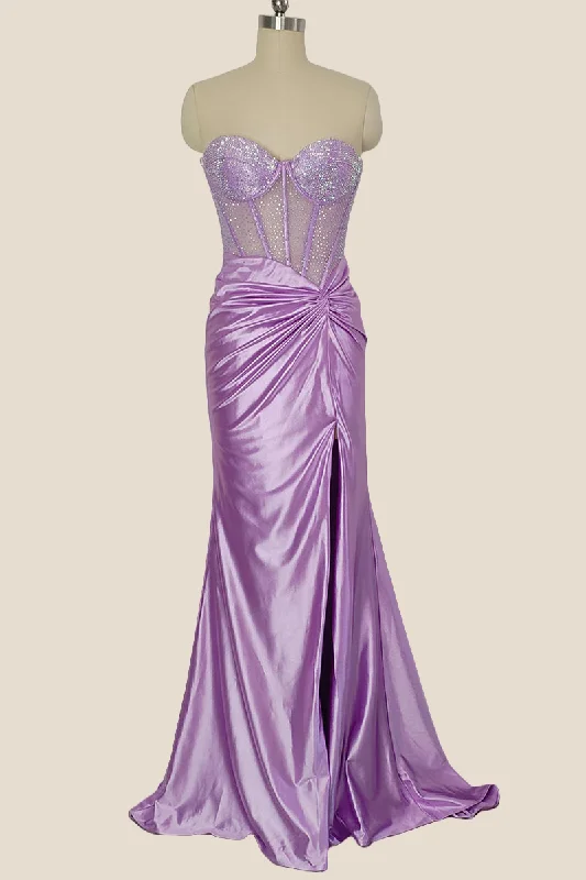 Plus Size Maxi Dresses-Sweetheart Lilac Beaded Ruched Mermaid Long Dress