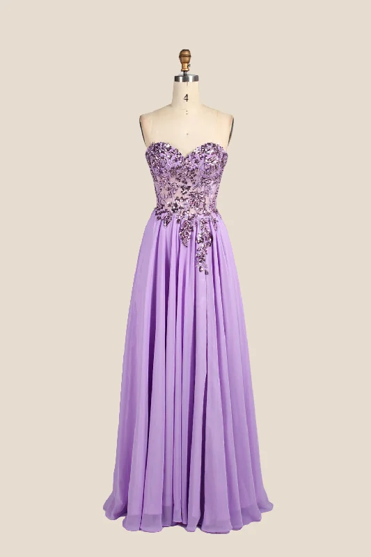 Yellow Club Maxi Dresses-Sweetheart Lilac Sequin Long Dress with Slit