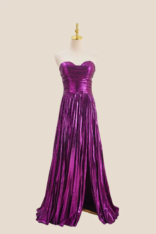 Formal Black Maxi Dresses-Sweetheart Purple Pleated Metallic Long Dress