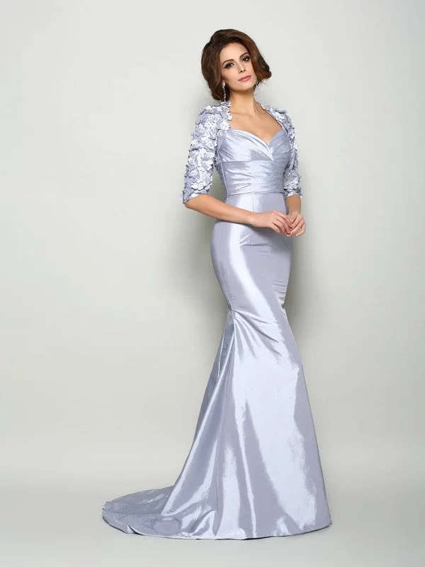 Denim Work Maxi Dresses-Trumpet/Mermaid Sweetheart Applique 1/2 Sleeves Long Taffeta Mother of the Bride Dresses