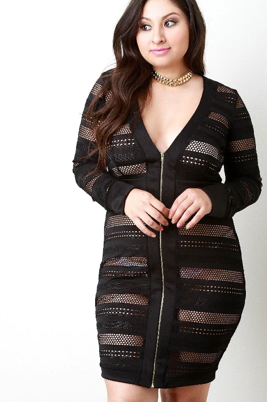 Geometric Maxi Dresses-Lace Hole Pattern Longsleeve Zip-Up Dress