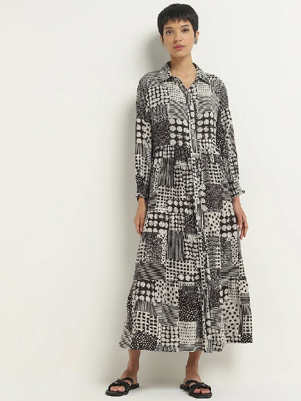 Long Sleeve Maxi Dresses-Utsa Black Geometric Design Tiered Long Dress