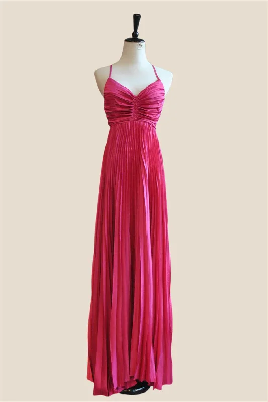 Striped White Maxi Dresses-V-neck Hot Pink Pleated A-line Long Dress