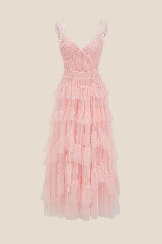 Velvet Summer Maxi Dresses-V-neck Pink Ruffle Tiered A-line Long Dress