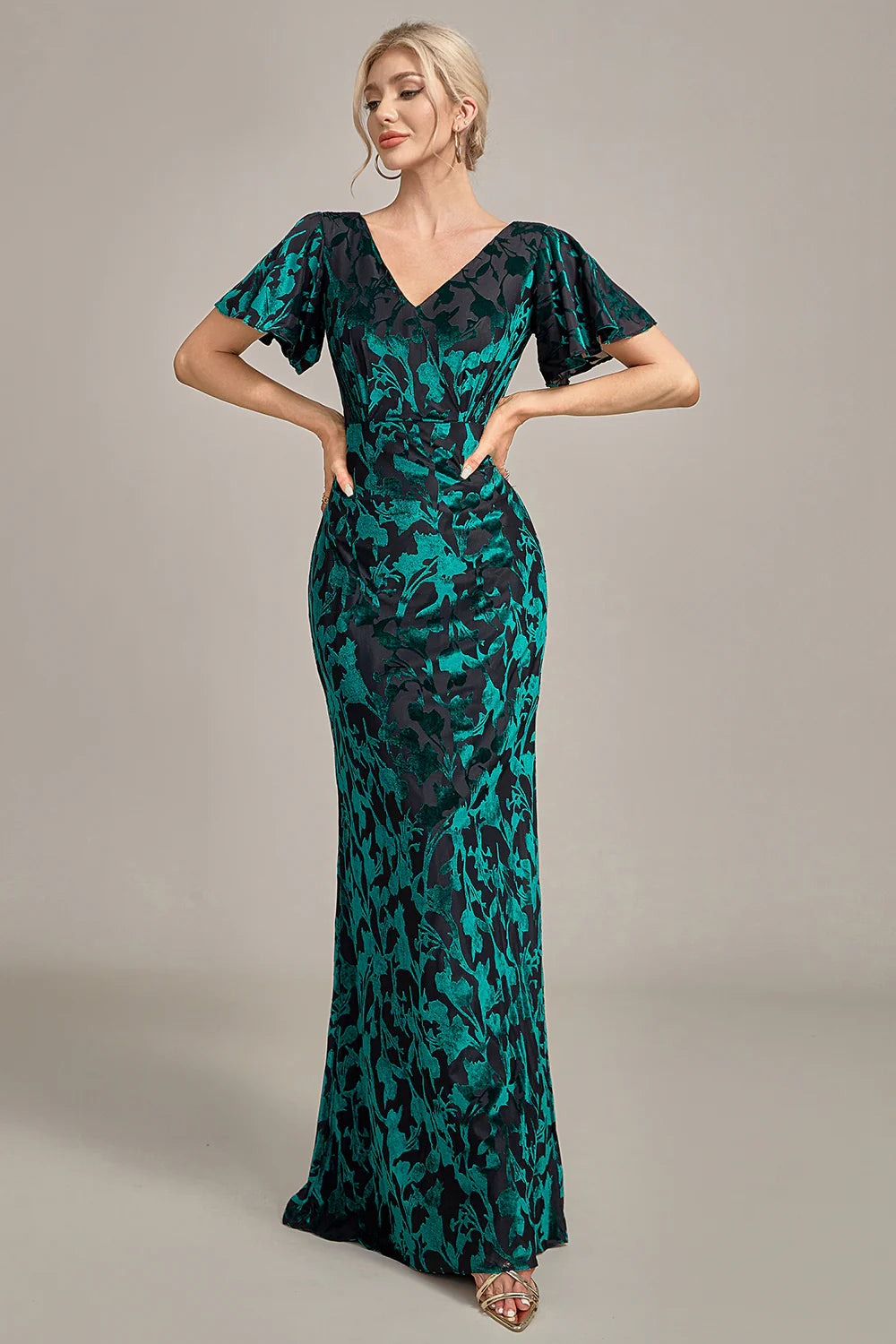 Velvet Boho Maxi Dresses-Velvet Peacock V-Neck Long Dress Mother of the Bride Dress