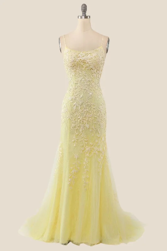 Trendy Party Maxi Dresses-Yellow Mermaid Lace Appliques Long Formal Dress