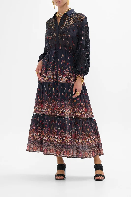 Off Shoulder Casual Maxi Dresses-EMBROIDERED TIERED LONG SHIRT DRESS LOOM TO TOMB