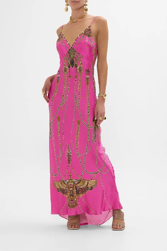 Cheap Formal Maxi Dresses-V NECK LONG BIAS SLIP DRESS WITH TRAIN SONG OF THE SCARAB