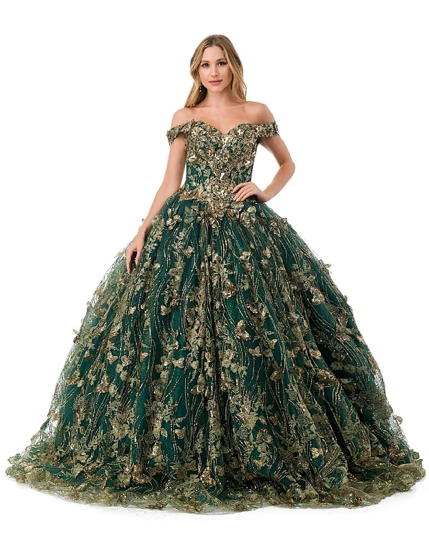 Ruffle Chiffon Evening Dress-3D Butterfly Off Shoulder Ball Gown by Coya L2817C