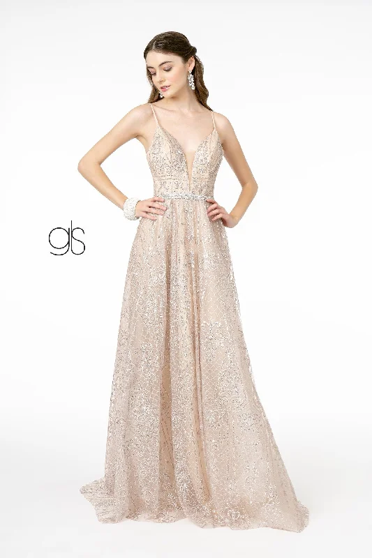 Chiffon Orange Evening Dress-A-Line Glitter Gown with Deep V-Neck by Elizabeth K GL2915