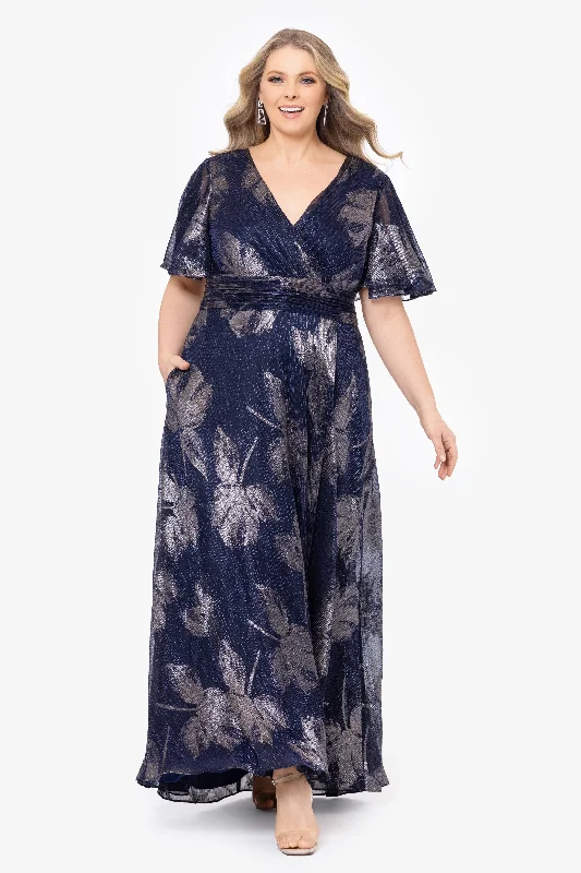 Maternity Sequin Maxi Dresses-Plus "Chloe" Long Short Sleeve Print Dress