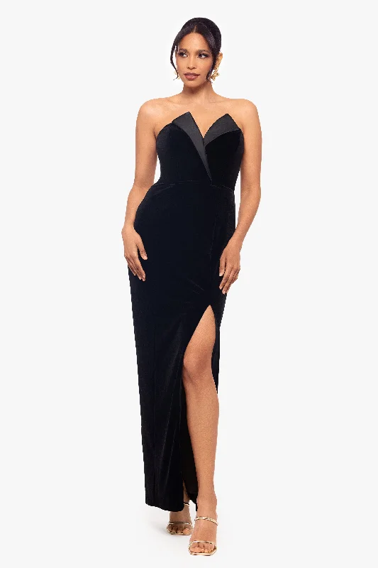 Velvet Boho Maxi Dresses-"Liliana" Long Velvet Strapless Tuxedo Dress