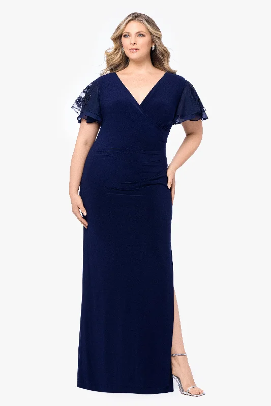 Chiffon Club Maxi Dresses-Plus  "Jennifer" Long Jersey Knit Sequin Sleeve Dress