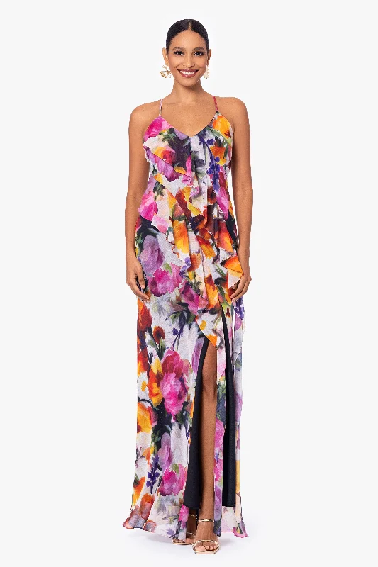 Designer Maxi Dresses-Petite "Mary" Long Chiffon Floral Print Dress