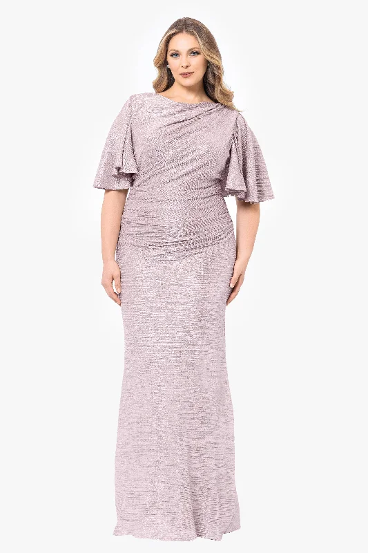 Grey Party Maxi Dresses-Plus "Demetria" Long Metallic Flutter Sleeve Dress