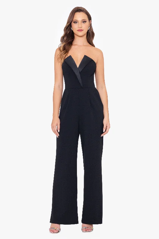 Plaid Maxi Dresses-Petite "Tasha" Long Strapless Tuxedo Jumpsuit