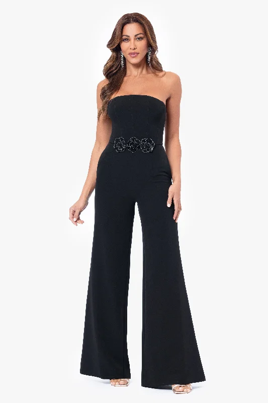 Polka Dot Boho Maxi Dresses-"Marleen" Long Scuba Crepe Jumpsuit with Flower Detailing