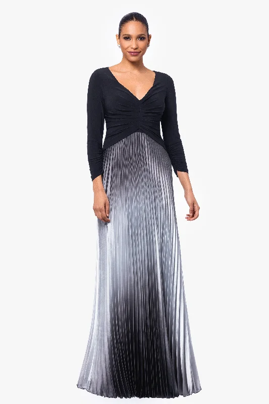 Sexy Summer Maxi Dresses-"Katia" Long 3/4 Sleeve Pleated Ombre Skirt Dress