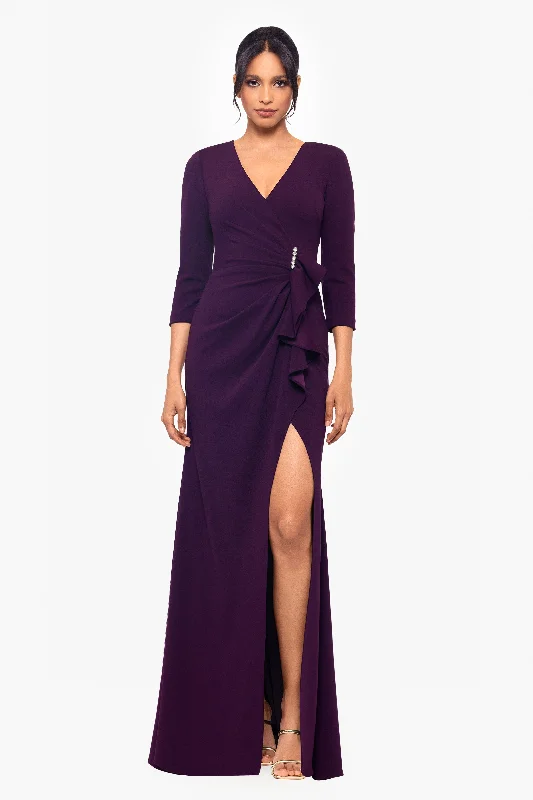 Long Sleeve Summer Maxi Dresses-"Angelica" Long Scuba Crepe V-Neck Embellished Ruffle Dress