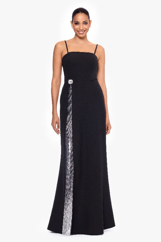 Casual Black Maxi Dresses-"Alexandria" Long Heavy Crepe and Sequin Floor Length Dress