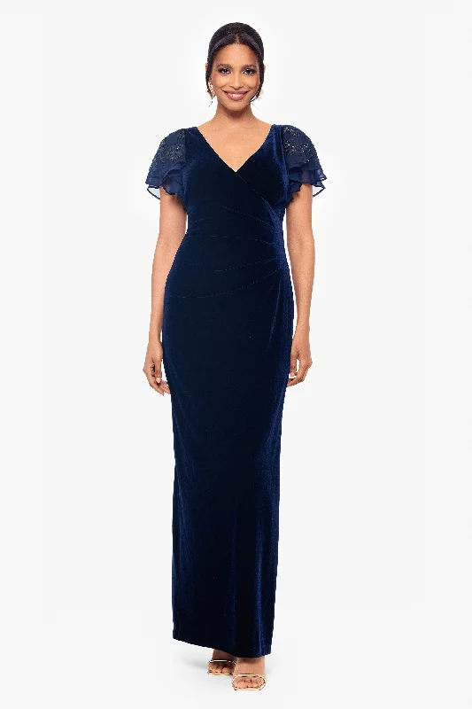 Blue Maxi Dresses-Petite "Carolina" Long Velvet V-Neck Sequin Sleeve Dress