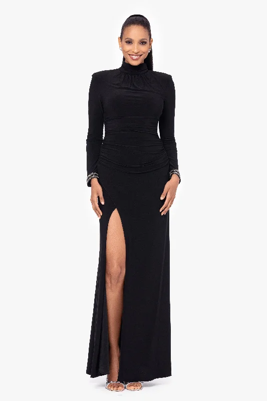 Elegant Maxi Dresses-"Roxie" Long Jersey Knit Mock Neck Embellished Wrist Floor Length Dress