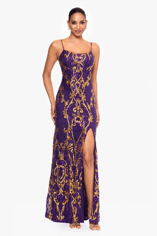 Boho Floral Maxi Dresses-"Zari" Long Sequin Placement Spaghetti Strap Dress