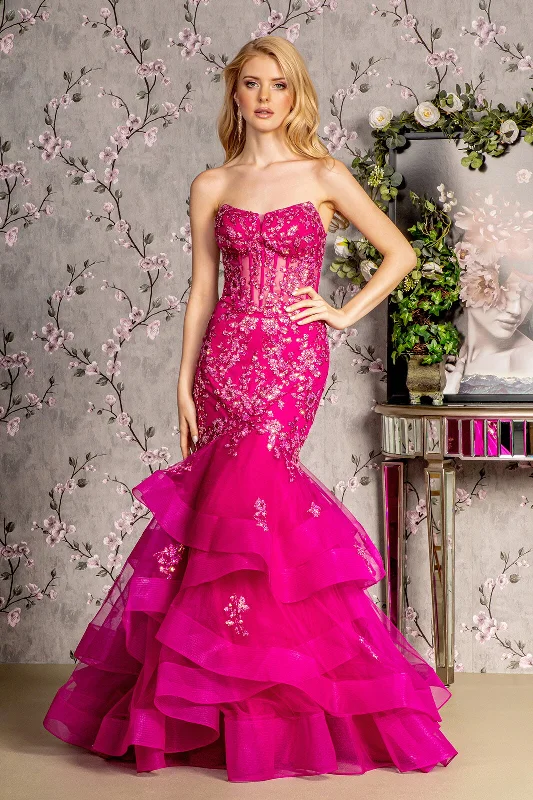 Wedding Trendy Evening Dress-Applique Strapless Tiered Mermaid Dress by GLS Gloria GL3216 - Outlet