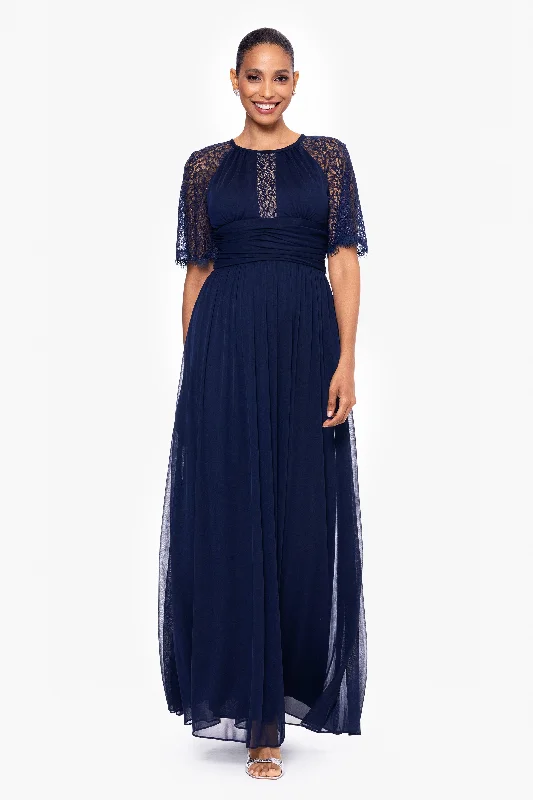 Purple Summer Maxi Dresses-"Chrissy" Long Sheer Matte Jersey and Lace Sleeve Dress