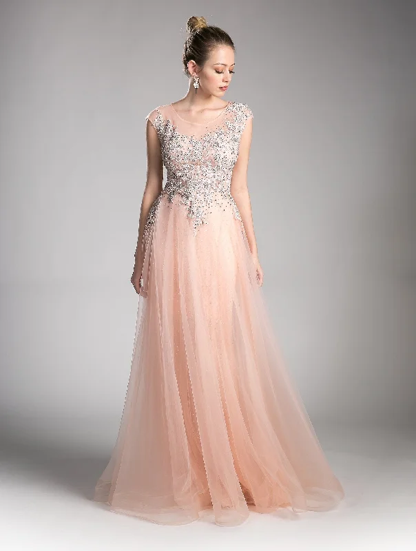 Cocktail Prom Evening Dress-Beaded Cap Sleeve Tulle Gown by Cinderella Divine 8992