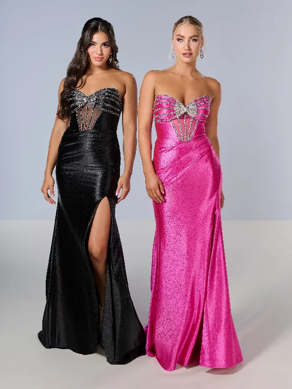 Velvet Geometric Evening Dress-Beaded Fitted Strapless Slit Gown by Tiffany Designs 16199