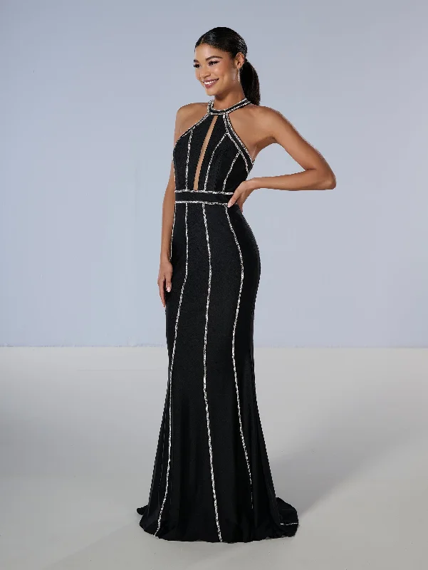 Prom Sexy Evening Dress-Beaded Jersey Fitted Halter Gown by Tiffany Designs 16200