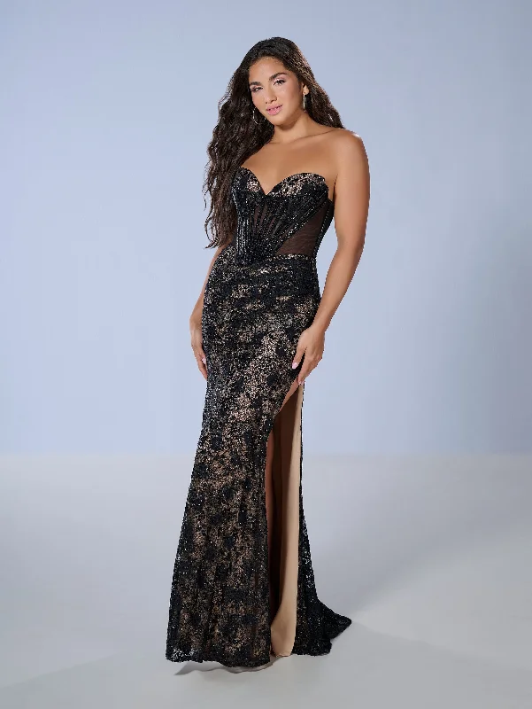 Animal Print Sleeveless Evening Dress-Beaded Lace Strapless Slit Gown by Tiffany Designs 16236