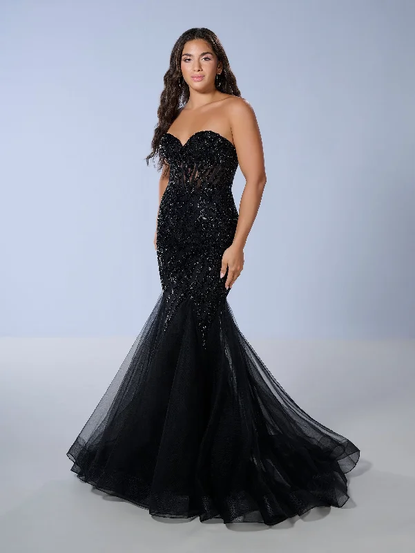 Strapless Navy Evening Dress-Beaded Strapless Mermaid Dress by Tiffany Designs 16170