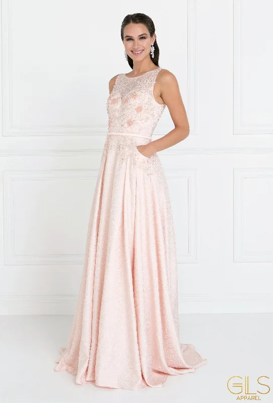 Midi Purple Evening Dress-Blush Long Lace Bodice Dress with Pockets by Elizabeth K GL1545