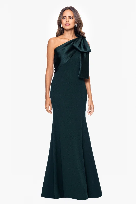 Elegant Embroidered Maxi Dresses-"Carmela" Long Scuba Crepe Dress with Satin Bow