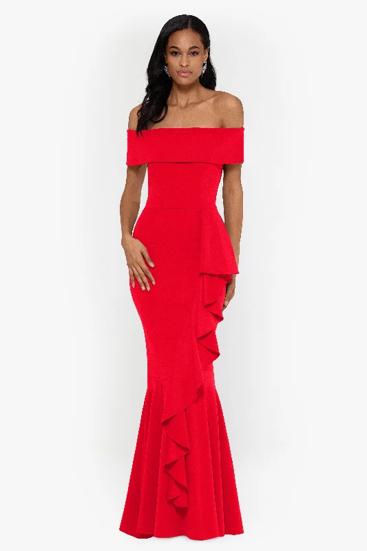 Sleeveless Work Maxi Dresses-"Carina" Long Off the Shoulder Ruffle Dress