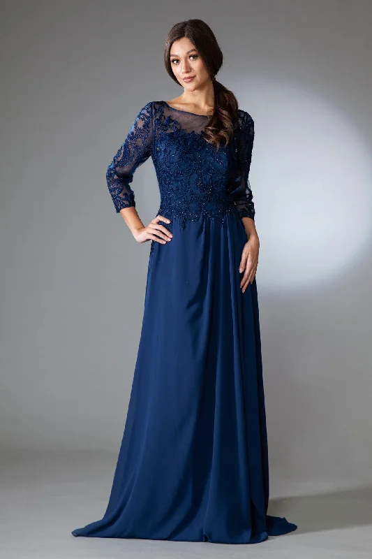 Velvet One Shoulder Evening Dress-Embroidered 3/4 Sleeve Chiffon Gown by Amelia Couture 7043