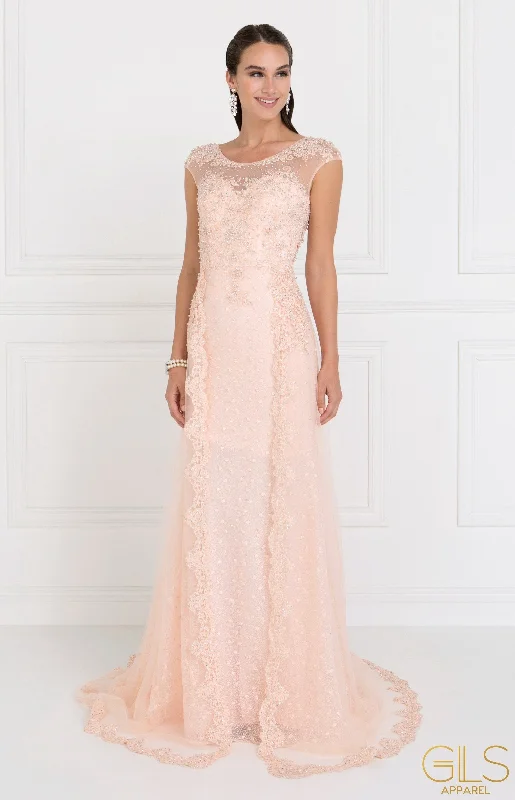 Elegant Vintage Evening Dress-Embroidered Long Blush Cap Sleeve Lace Dress by Elizabeth K GL1539