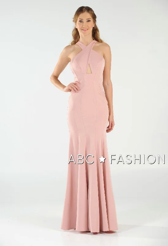 Short Beige Evening Dress-Fit and Flare Long Dress with Keyhole Bodice by Poly USA 8058