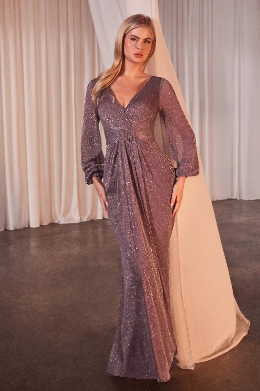 Maxi Navy Evening Dress-Fitted Long Sleeve Metallic Gown by Ladivine CK2141