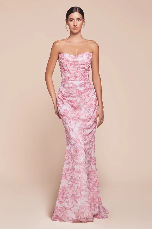 Elegant Maternity Evening Dress-Floral Print Fitted Strapless Gown by Ladivine 7445