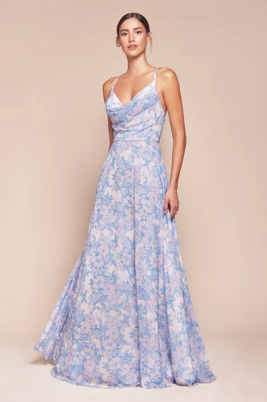 Prom Blue Evening Dress-Floral Print Sleeveless A-line Gown by Ladivine 7444