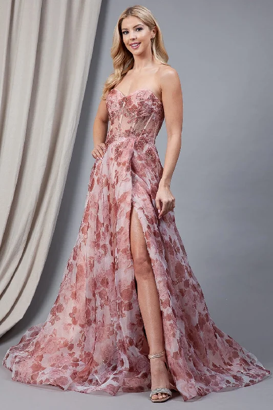 Knit Petite Evening Dress-Floral Print Strapless Slit Gown by Amelia Couture 2106