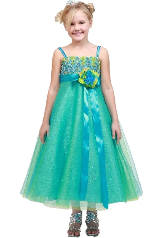 Green Formal Maxi Dresses-Girls Long Two Tone Glitter Tulle Dress with Embroidered Top 4020