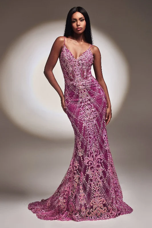 Silk Pink Evening Dress-Glitter Print Mermaid Gown by Ladivine CC2168