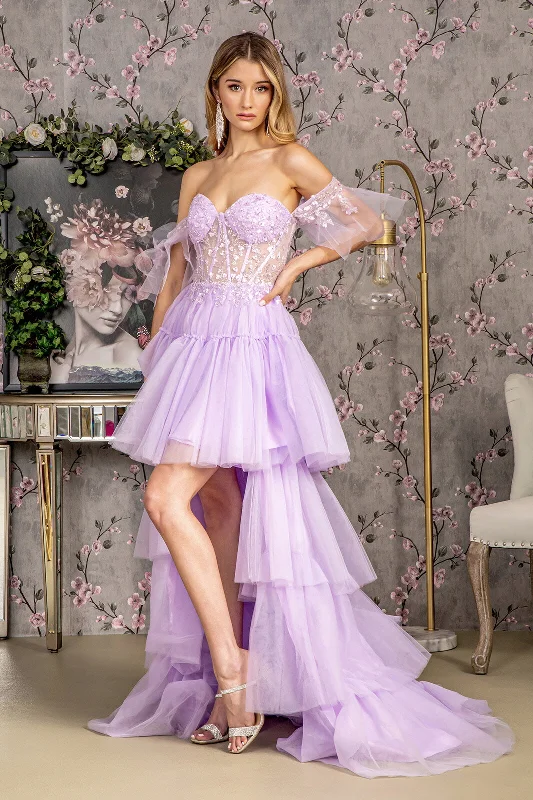 Midi Purple Evening Dress-Heart Beaded Off Shoulder High Low Gown by GLS Gloria GL3396 - Outlet