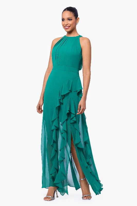 Sequin Work Maxi Dresses-"Helen" Long Chiffon Halter Neck Dress